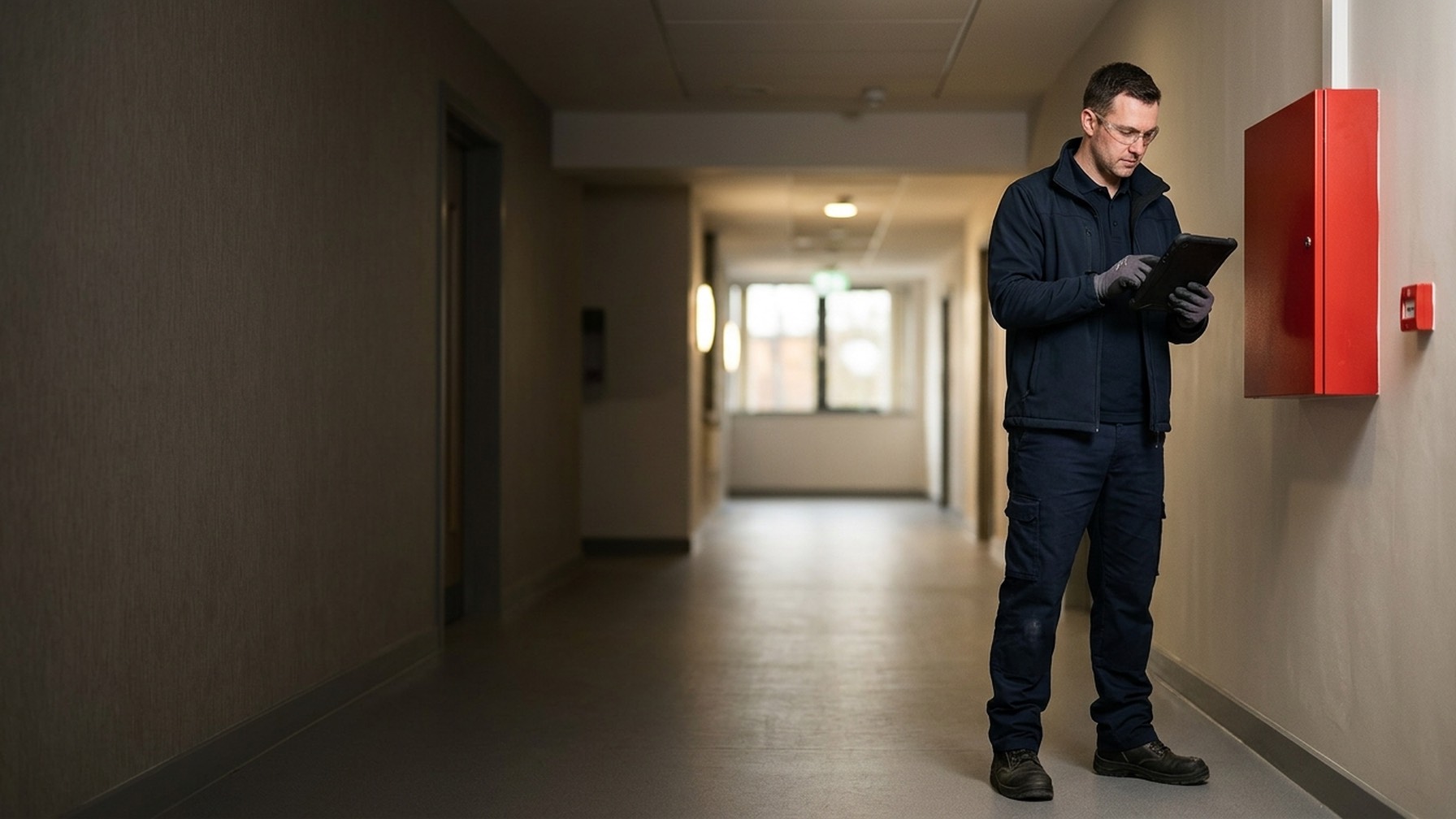 Fire alarm engineer inspecting an alarm panel in a commercial building