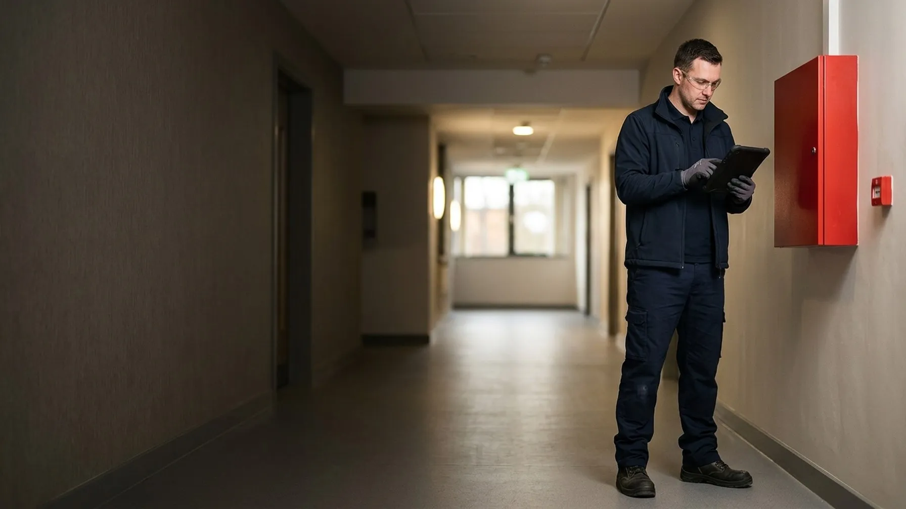 Fire alarm engineer inspecting an alarm panel in a commercial building