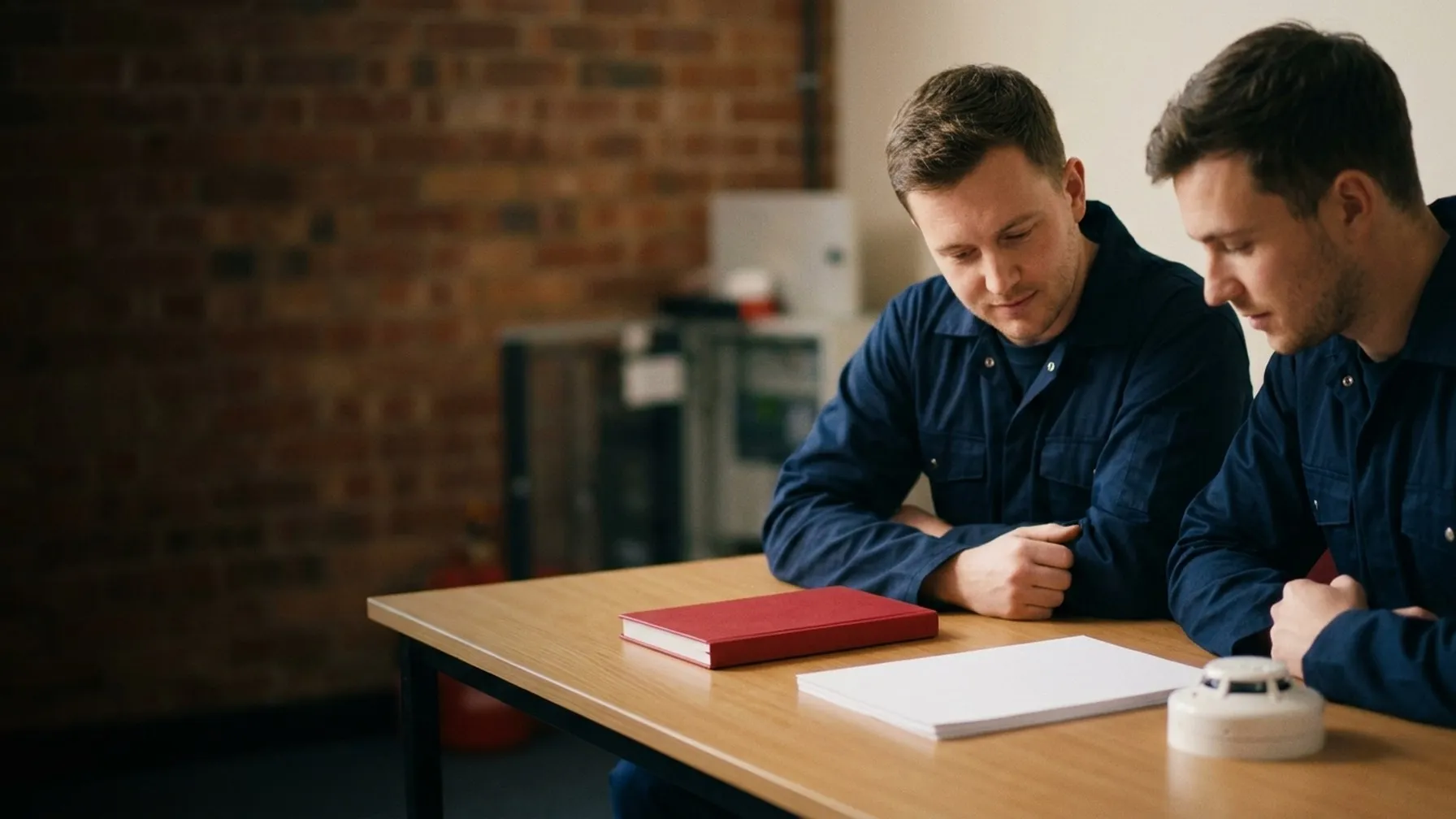 Fire alarm professionals studying at a training desk